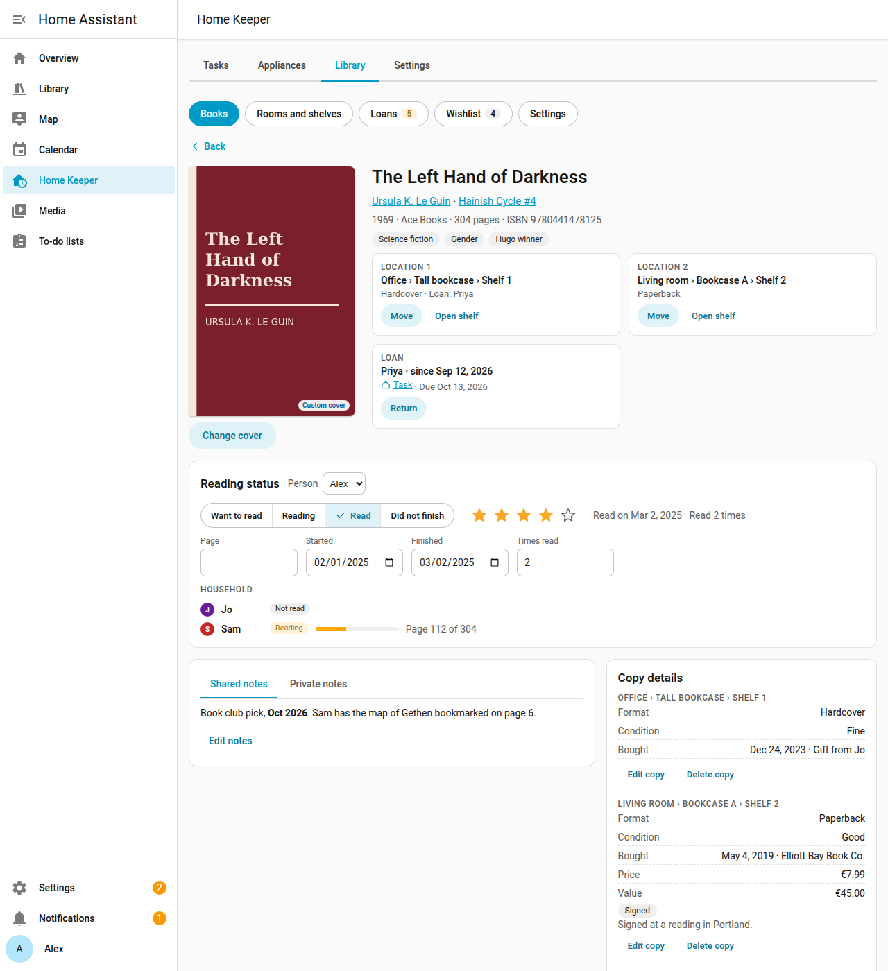 The detail page of a book with 2 copies and a loan