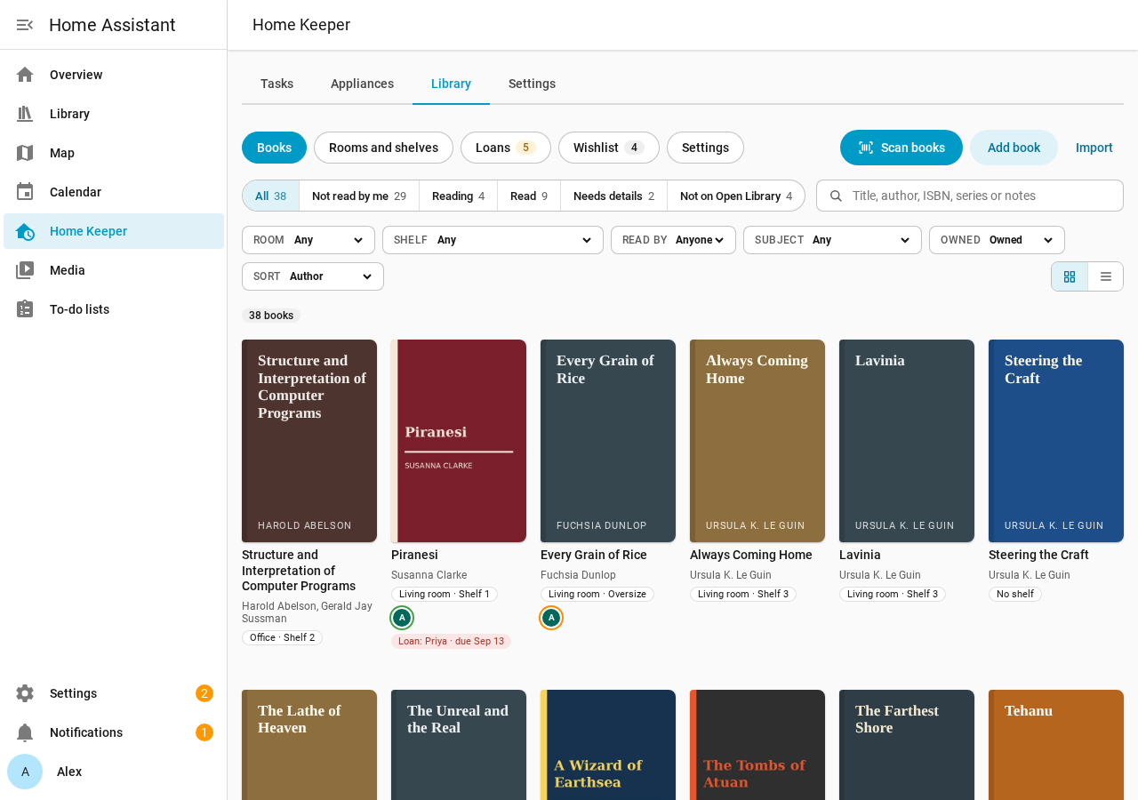 The book list of the Library tab in Home Keeper