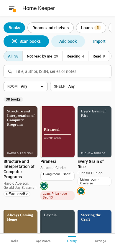 The book list of the Library tab at phone width