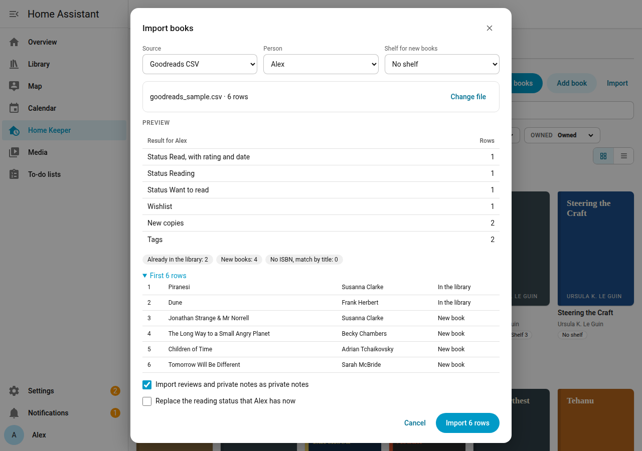 The preview of a Goodreads CSV import