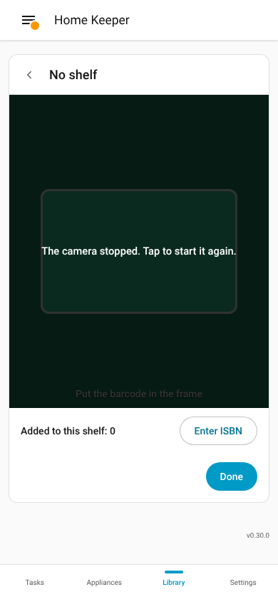 The camera picture with the button that starts it again