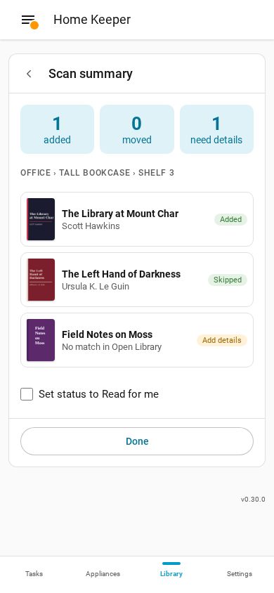 The summary of a shelf scan on a phone