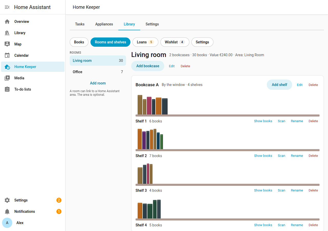 The rooms of the home and the shelves of a bookcase