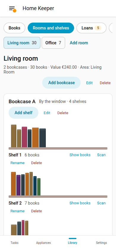 The Rooms and shelves page at phone width
