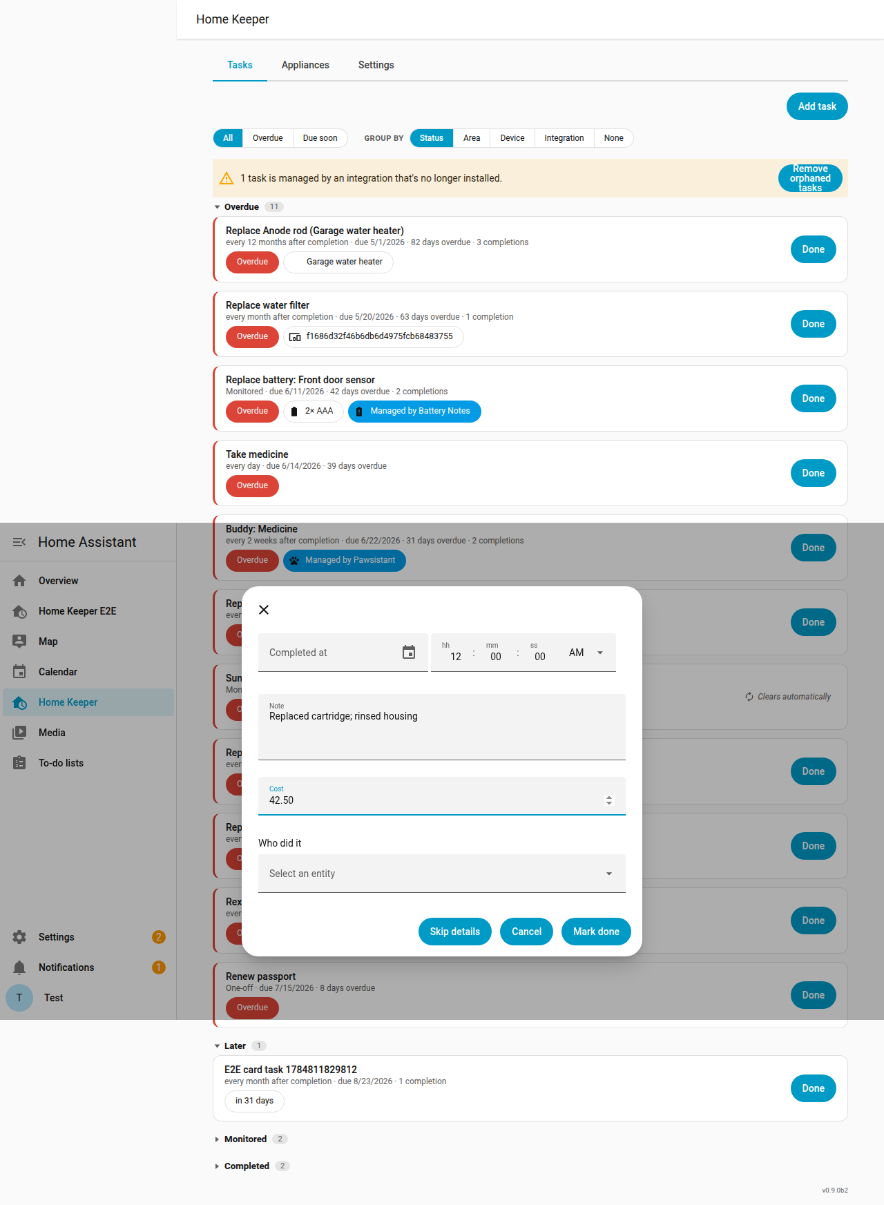 The completion-details dialog — note, cost, who and photo captured when a task is marked done