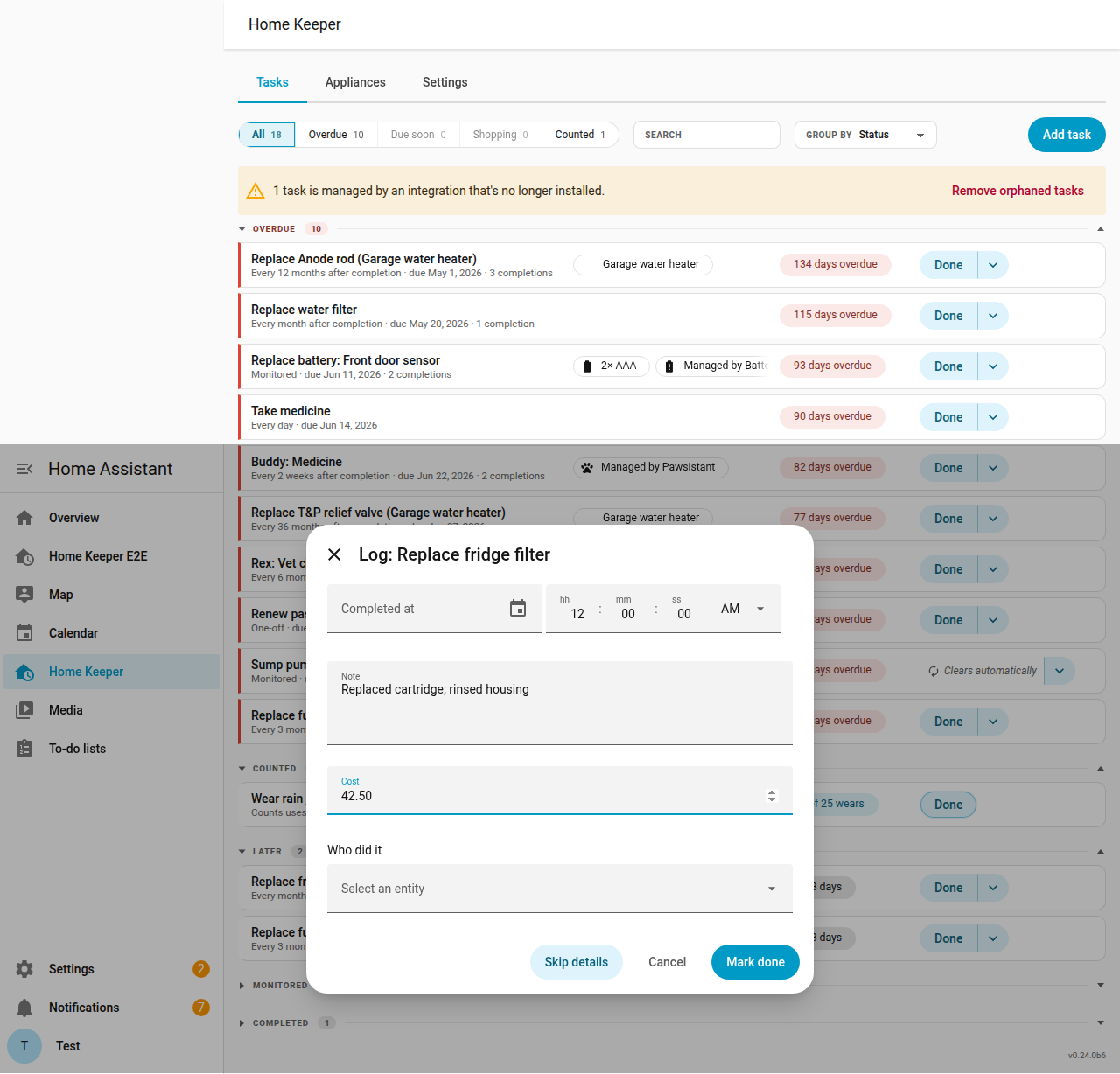 The completion-details dialog (note, cost, who and photo captured when a task is marked done)