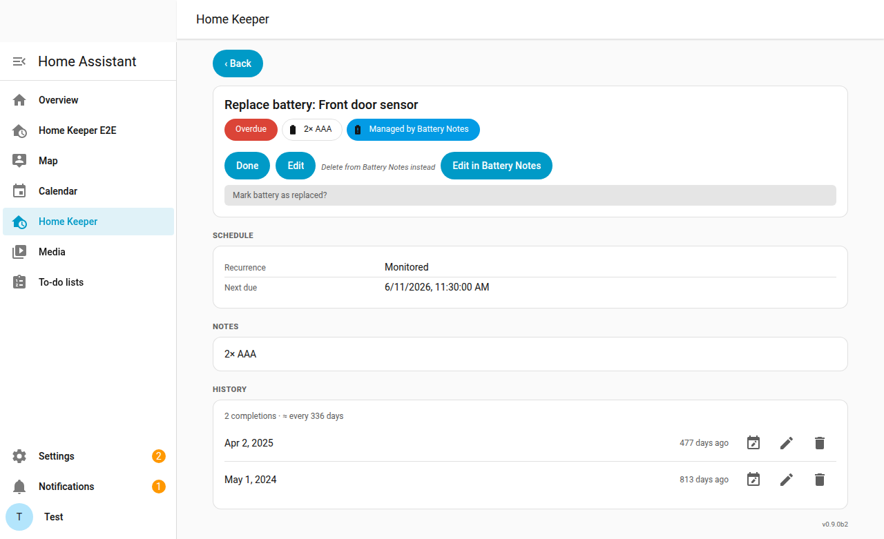 Battery task detail — monitored, managed by Battery Notes, with replacement history