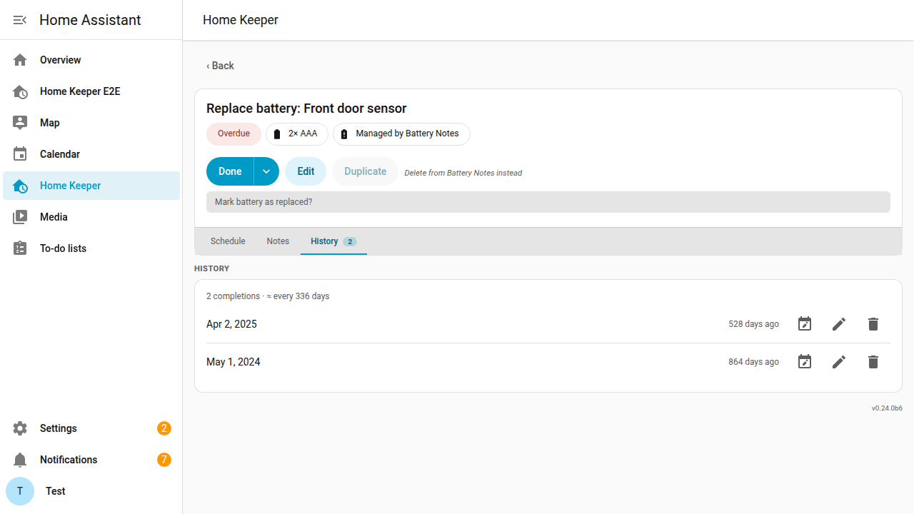Battery task detail: monitored, managed by Battery Notes, with replacement history