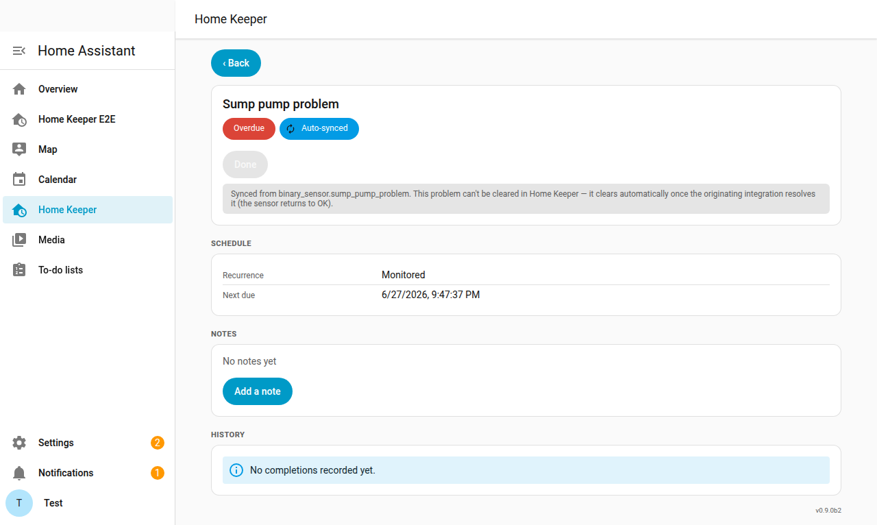Synced problem-sensor task detail — armed and due-now, with a disabled Done button and the prompt explaining it clears when the source resolves it