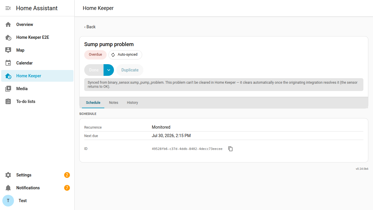 Synced problem-sensor task detail: armed and due-now, with a disabled Done button and the prompt explaining it clears when the source resolves it