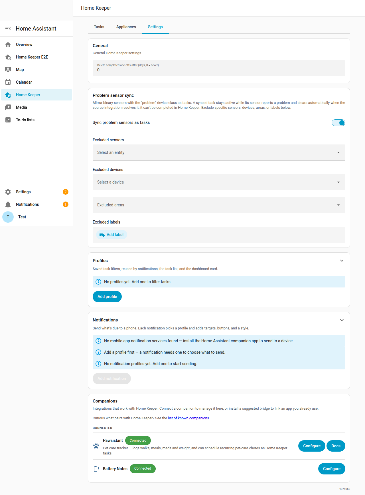The Home Keeper Settings tab — a form with the problem-sensor sync toggle and entity/area/label exclusion pickers