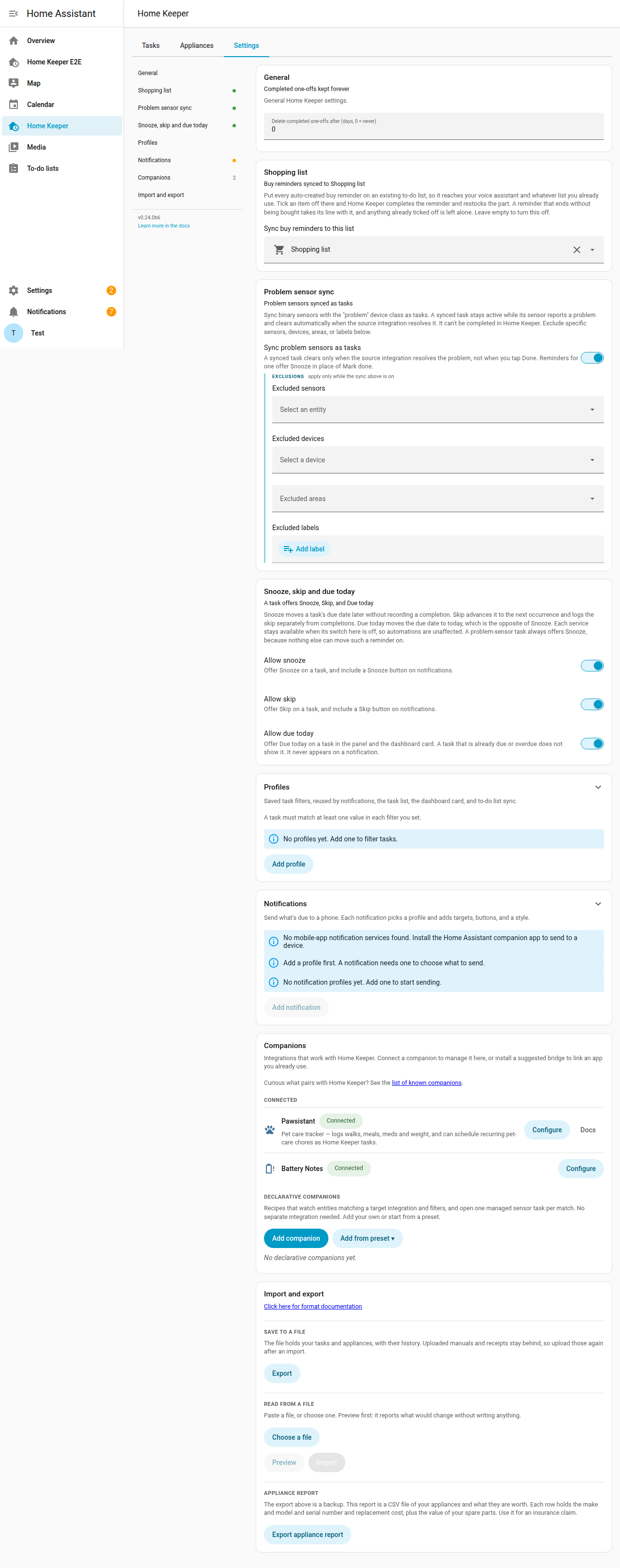 The Home Keeper Settings tab, showing the General, Shopping list and problem-sensor sync cards
