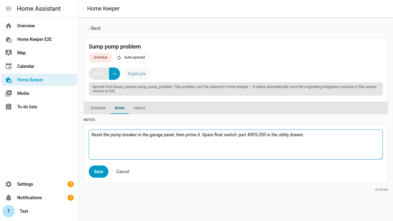 Editing the note on a synced problem-sensor task, showing a textarea seeded with the previous note and Save/Cancel buttons