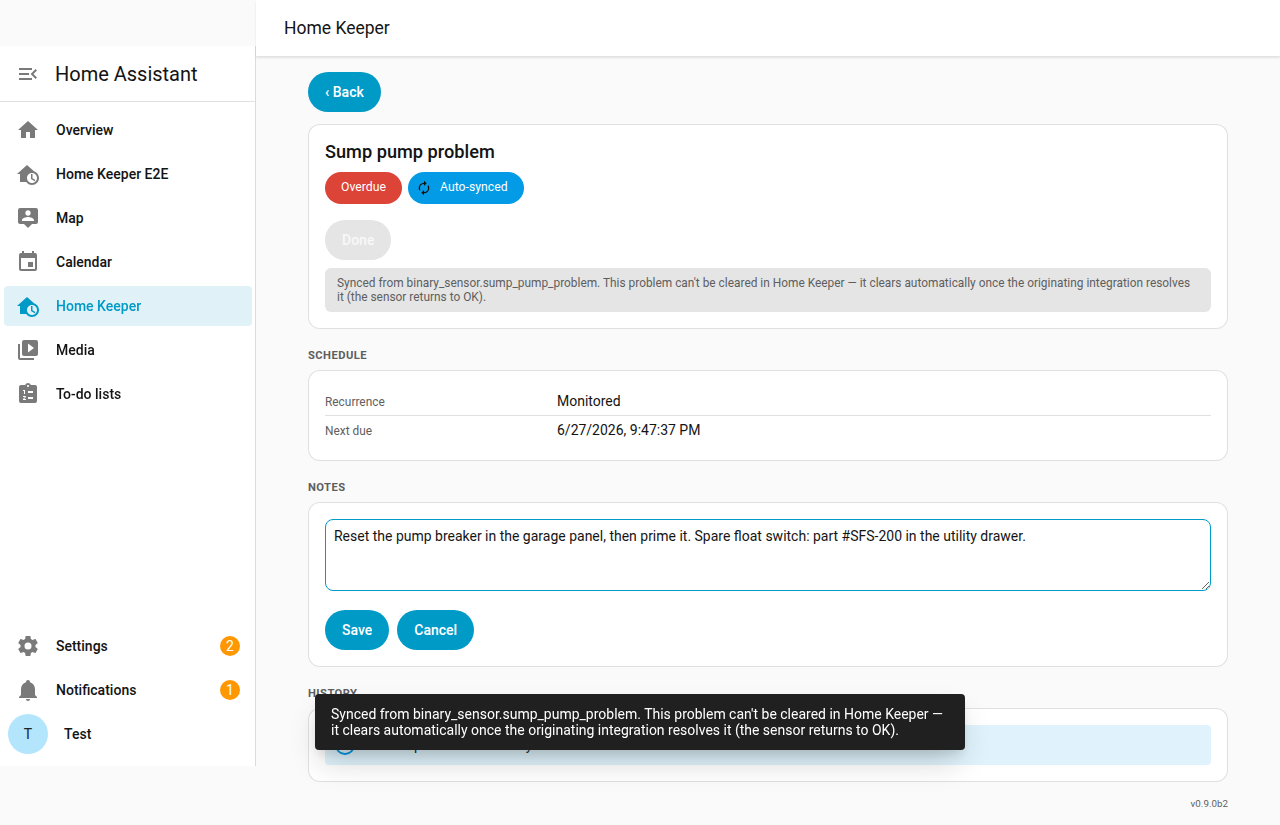 Editing the note on a synced problem-sensor task — a textarea seeded with the previous note and Save/Cancel buttons