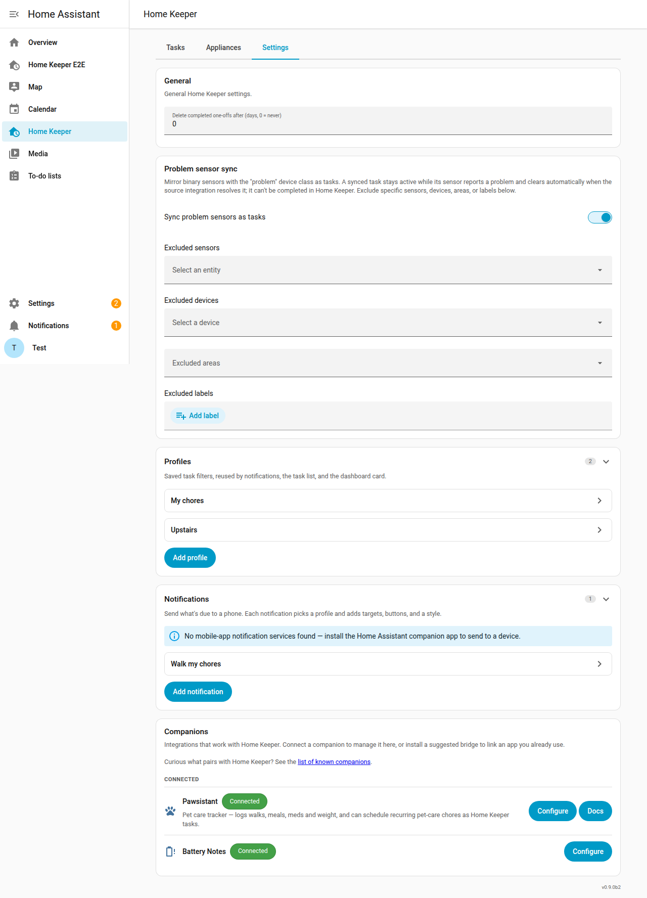 The Companions section on the Settings tab — connected integrations with Configure buttons