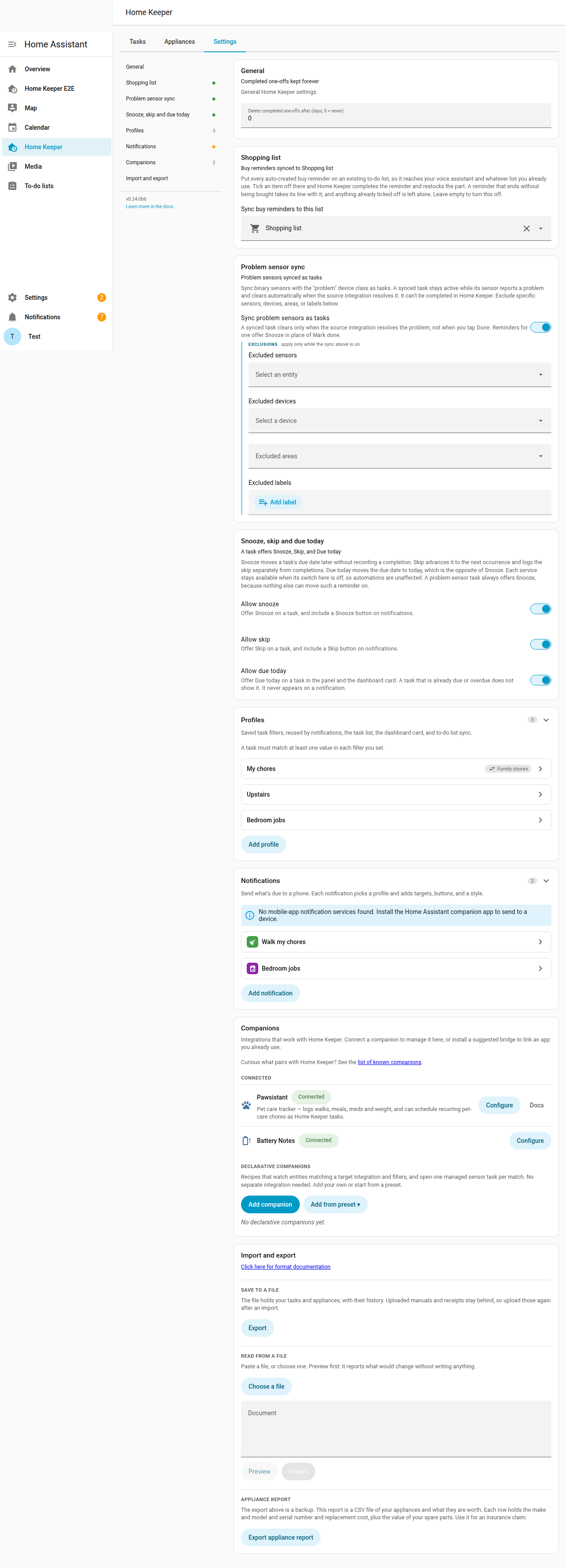 The Companions section on the Settings tab: connected integrations with Configure buttons