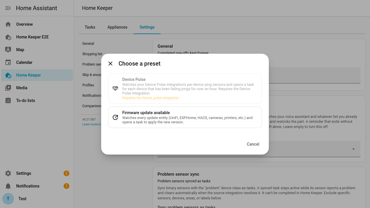 The two-card preset picker modal (Device Pulse disabled because the upstream integration isn't installed)