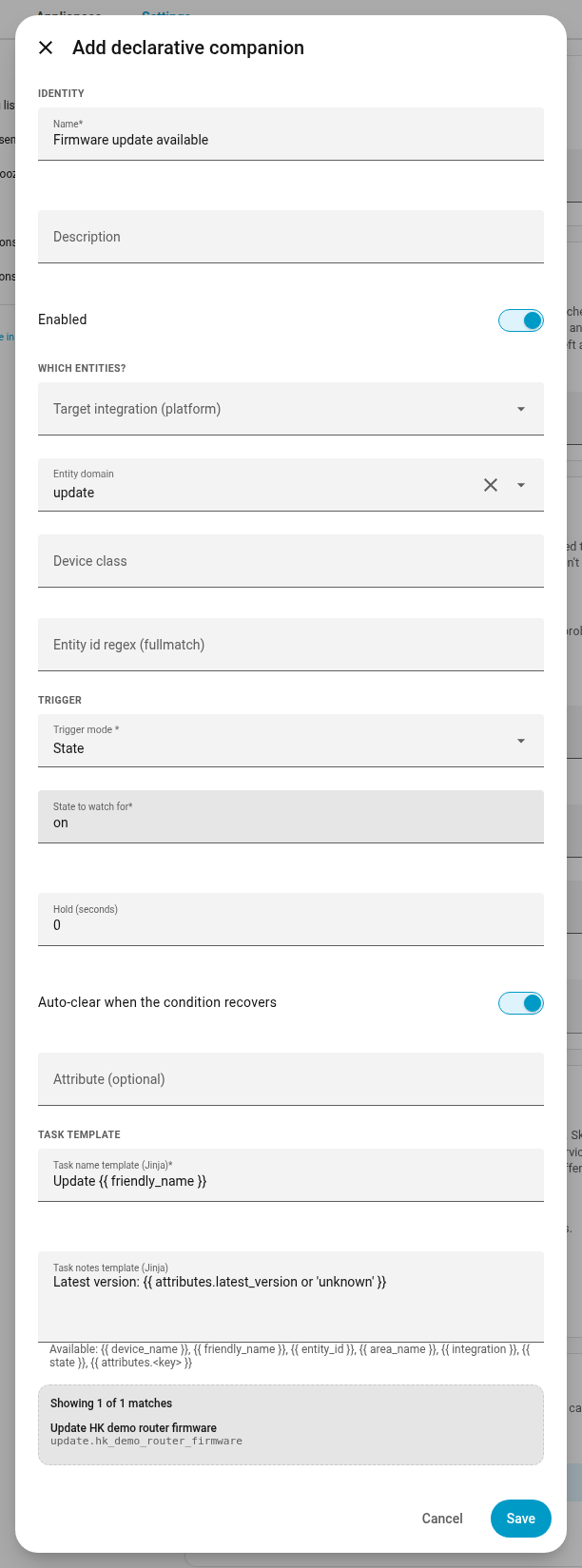 The Add dialog seeded from the Firmware update available preset, with the live-preview panel on the right