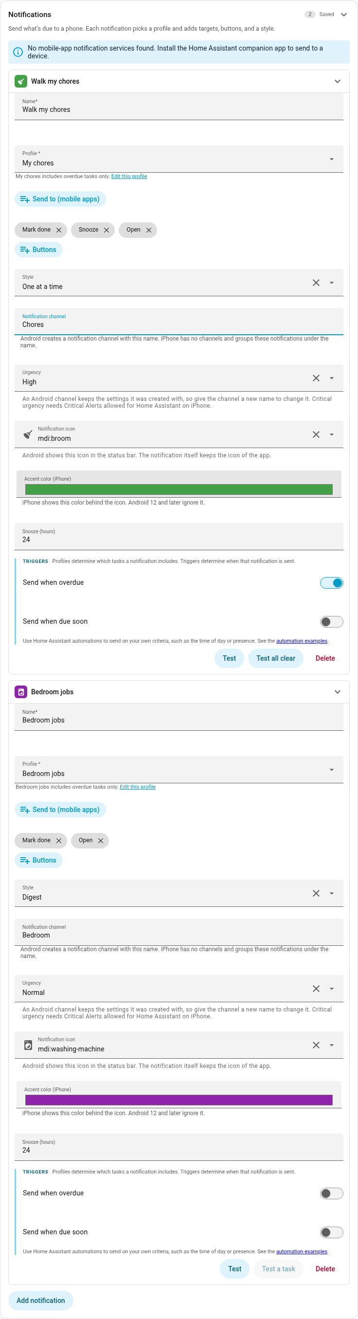 The Settings → Notifications card with a notification on the Chores channel at High urgency, the scope of its profile under the Profile picker, and the 2 switches under Triggers