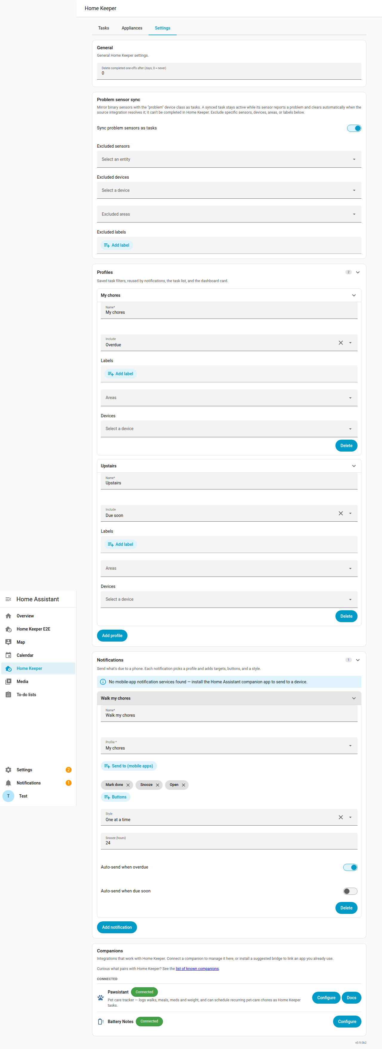 The Settings → Notifications card with a "My chores" profile — targets, filter, buttons, style, snooze and auto-send toggles