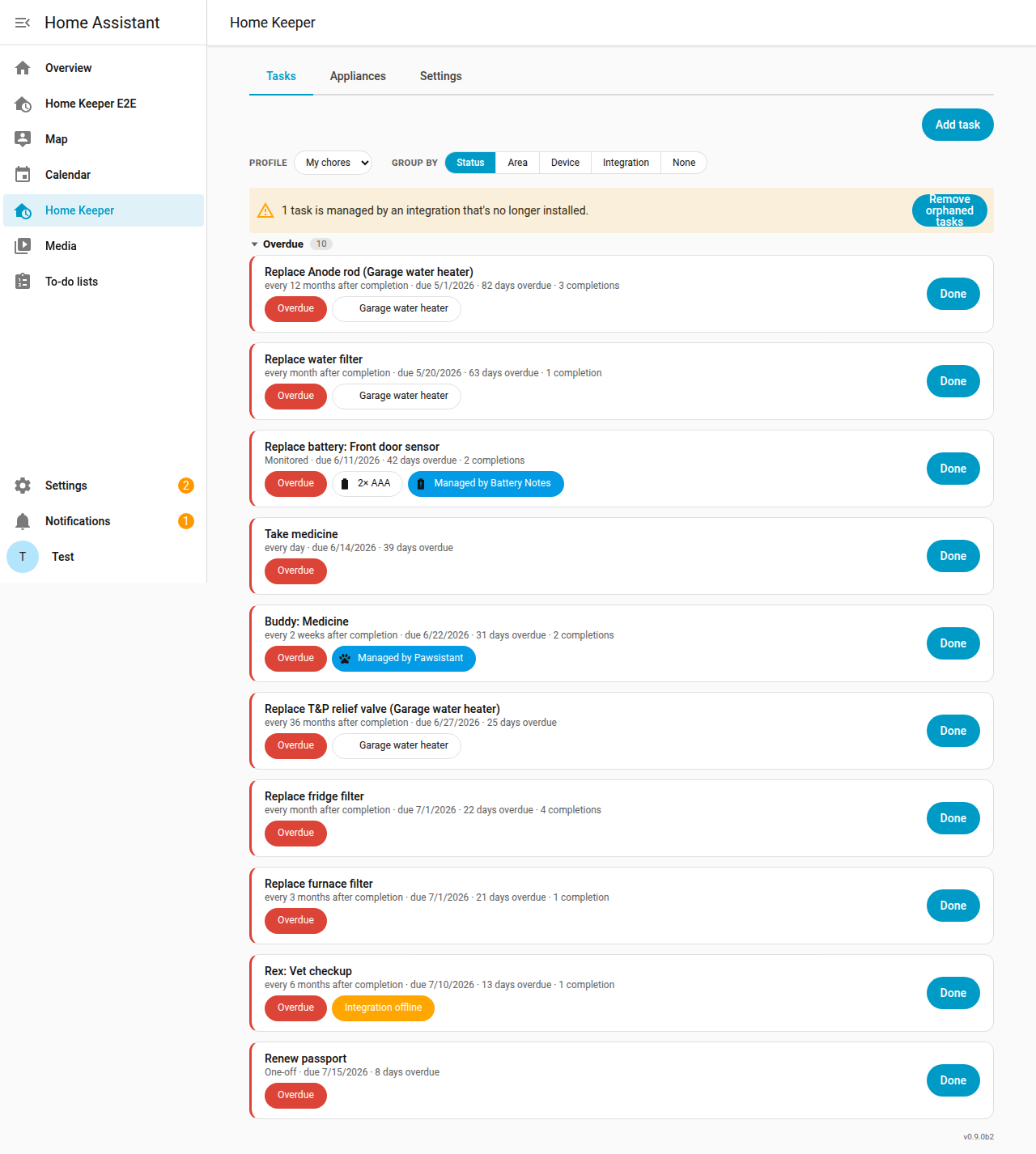 The Tasks tab filtered to a saved Profile via the Profile dropdown