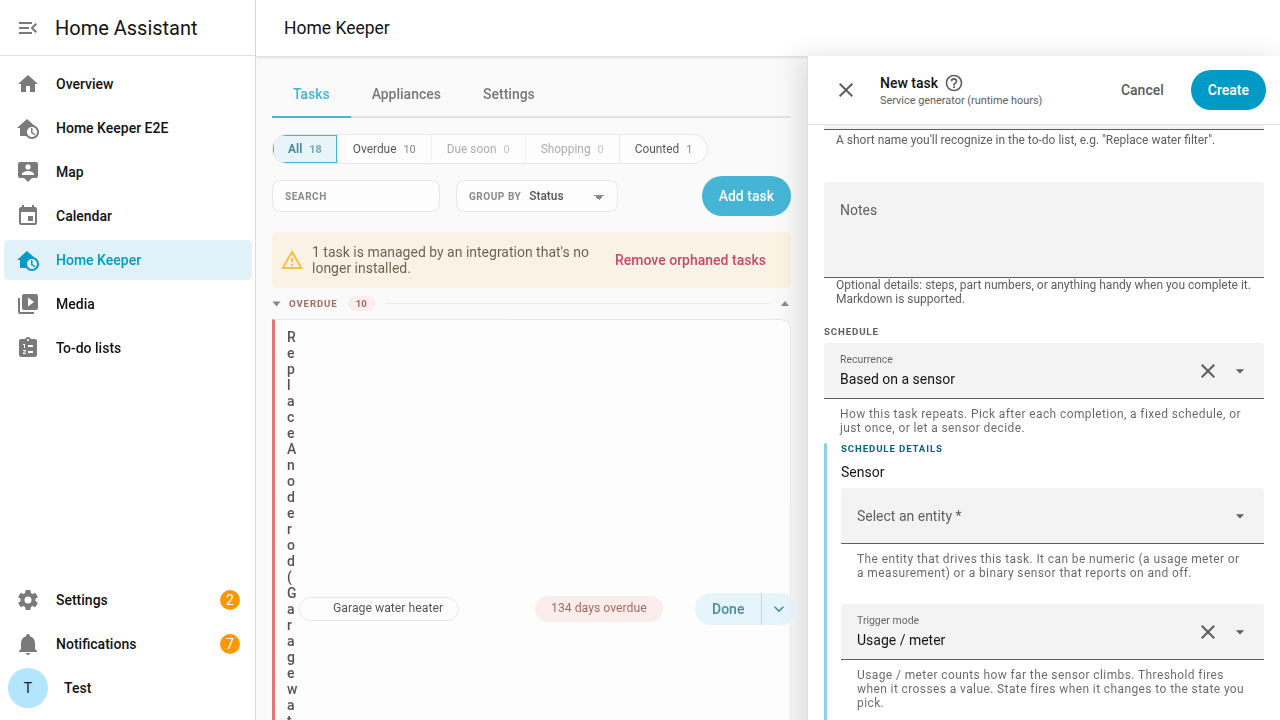 Creating a usage/meter sensor task: pick the sensor and a target; no clock cadence