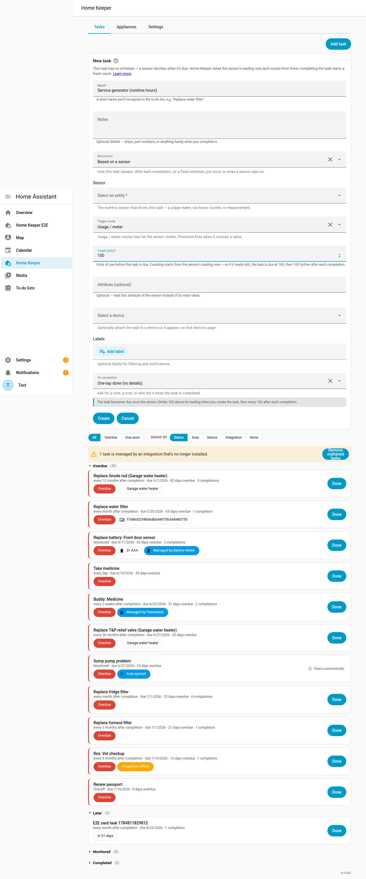 Creating a usage/meter sensor task — pick the sensor and a target; no clock cadence