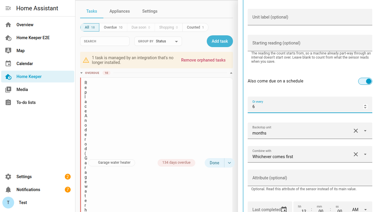 The task form with a metered rule and a time backstop, summarised as "Every 100 of use, or every 6 months" above the Create button