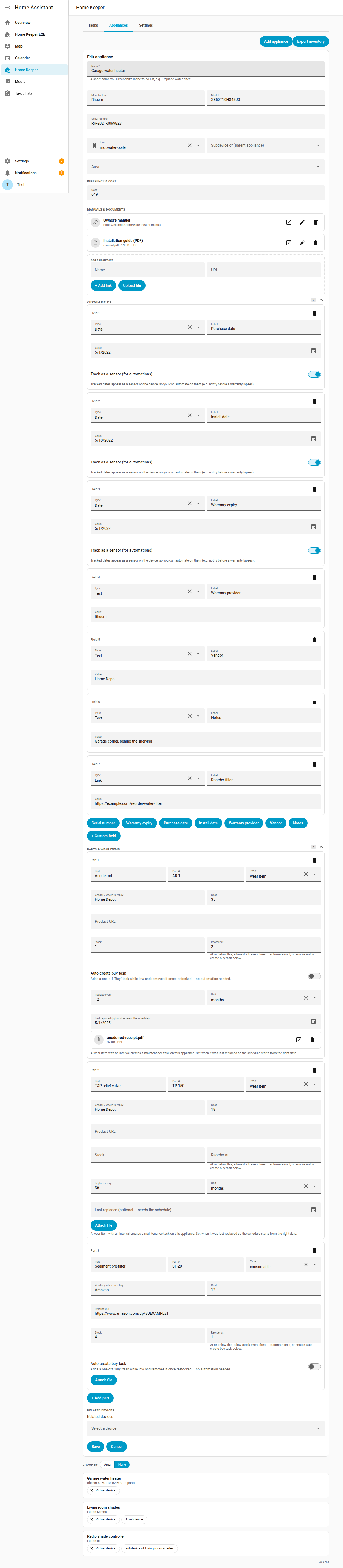 The appliance Manuals & documents editor — existing documents as cards with Open / Edit / Remove actions, plus an add-a-document area with add-link and upload-file controls