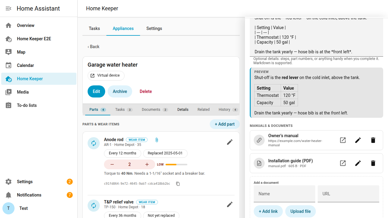 The appliance Manuals & documents editor: existing documents as cards with Open / Edit / Remove actions, plus an add-a-document area with add-link and upload-file controls