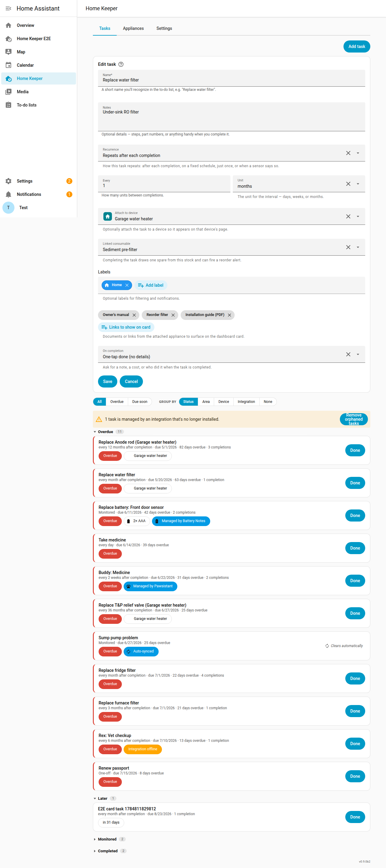 The task form's Linked consumable picker — link a task to a stocked consumable