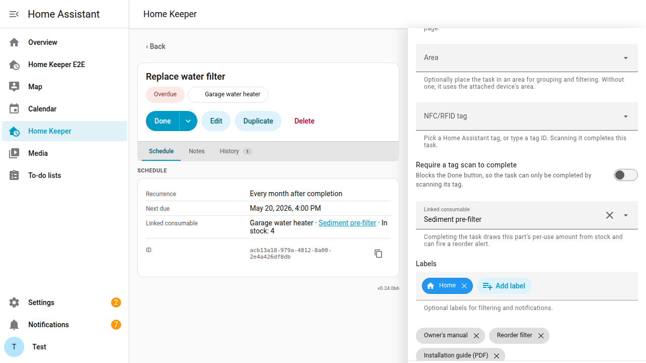 The task form's Linked consumable picker: link a task to a stocked consumable