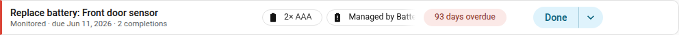 Panel task list row showing a battery task with a "2× AAA" chip alongside the "Overdue" status and "Managed by Battery Notes" chips