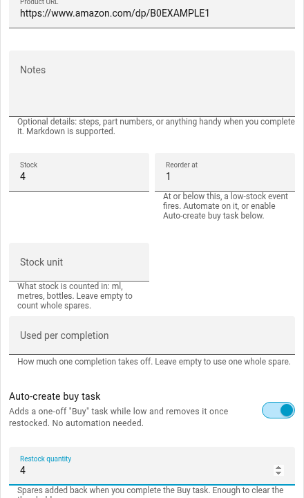 A part editor with Auto-create buy task enabled and a Restock quantity field