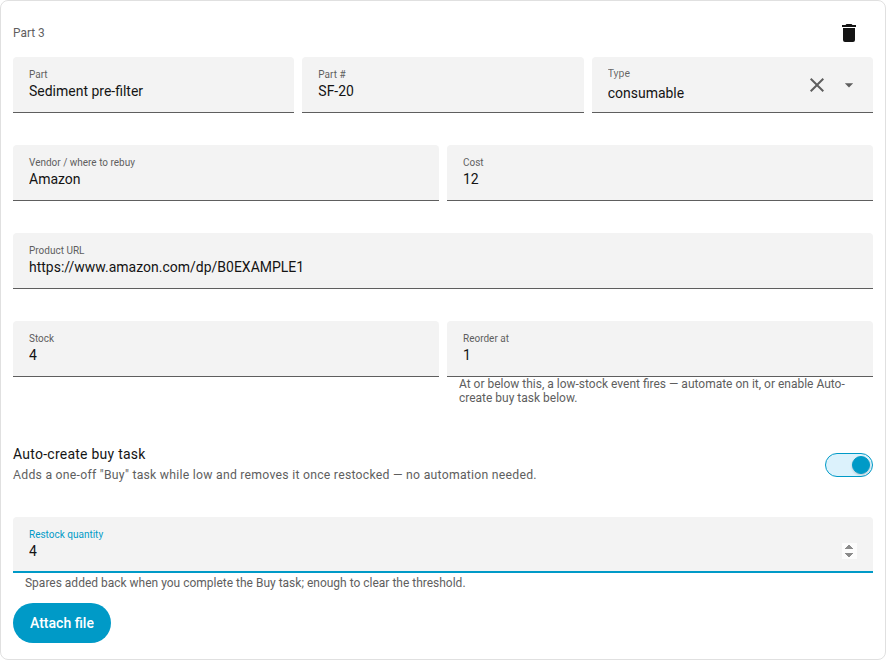 A part editor with Auto-create buy task enabled and a Restock quantity field