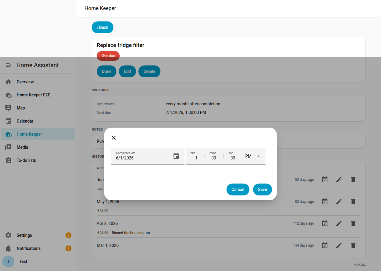 The move-date dialog on a history row — re-timestamps one completion without touching its note, cost, photo, or who