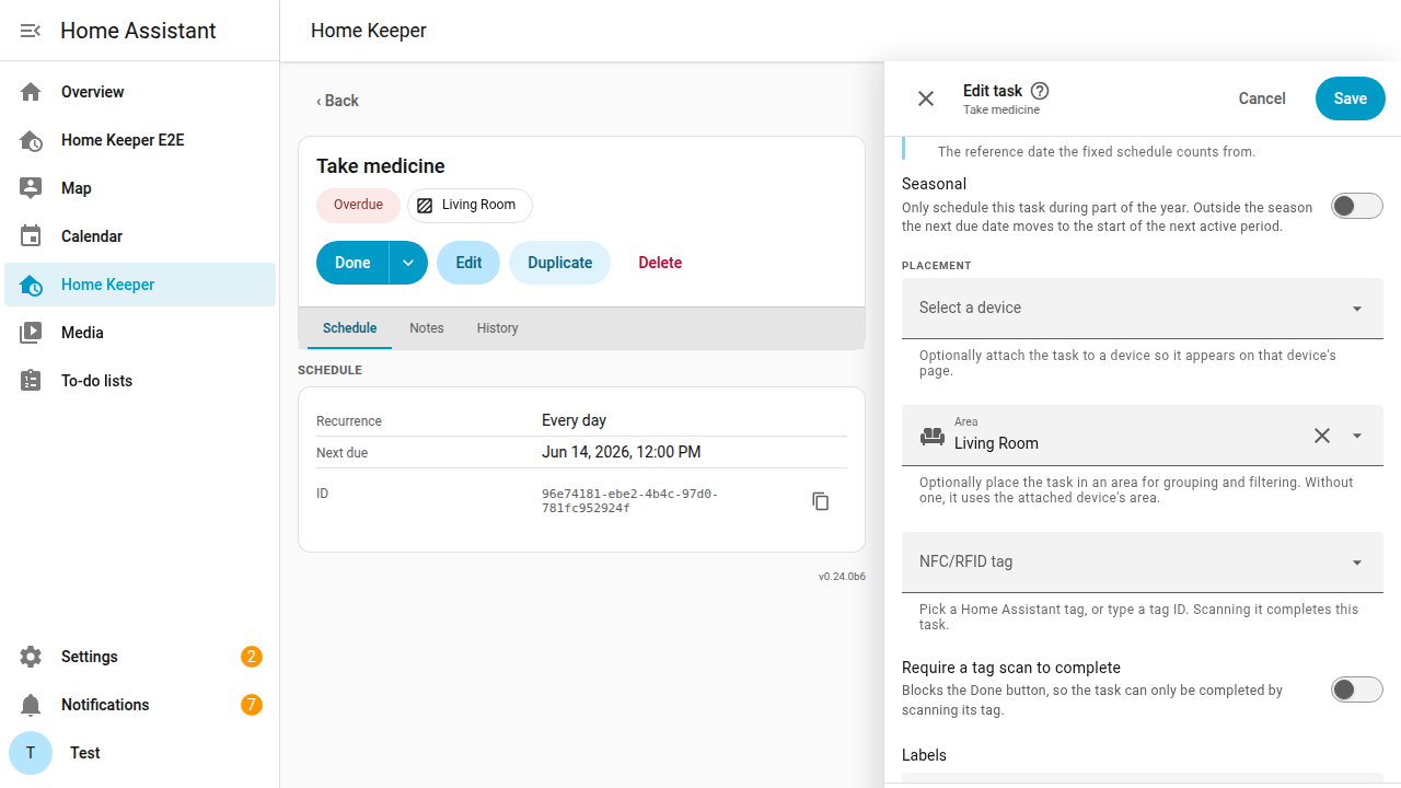 The task form's Area field, holding the room a device-less task was placed in