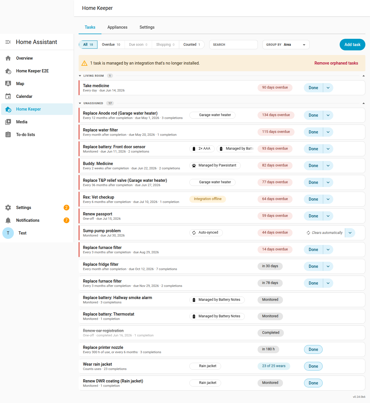 The Tasks tab grouped by Area, with the task under its room instead of Unassigned