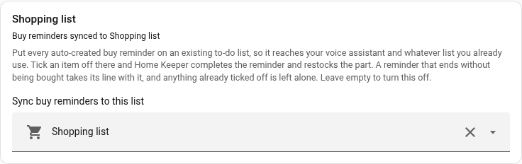 The Settings tab's Shopping list card, with a to-do list picked