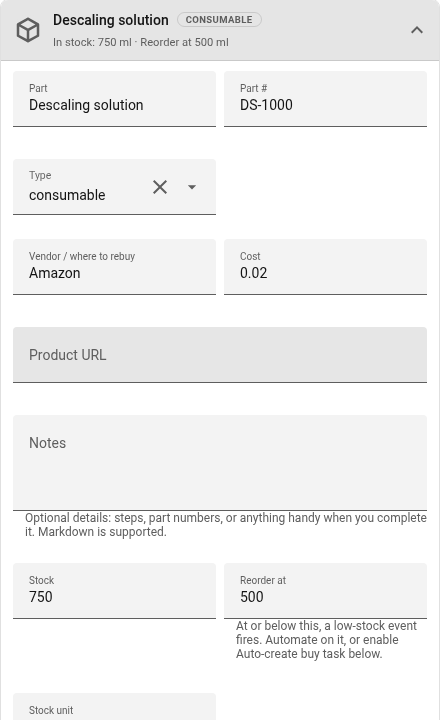 The part editor for a descaling solution measured in millilitres, with a stock unit and a used-per-completion amount
