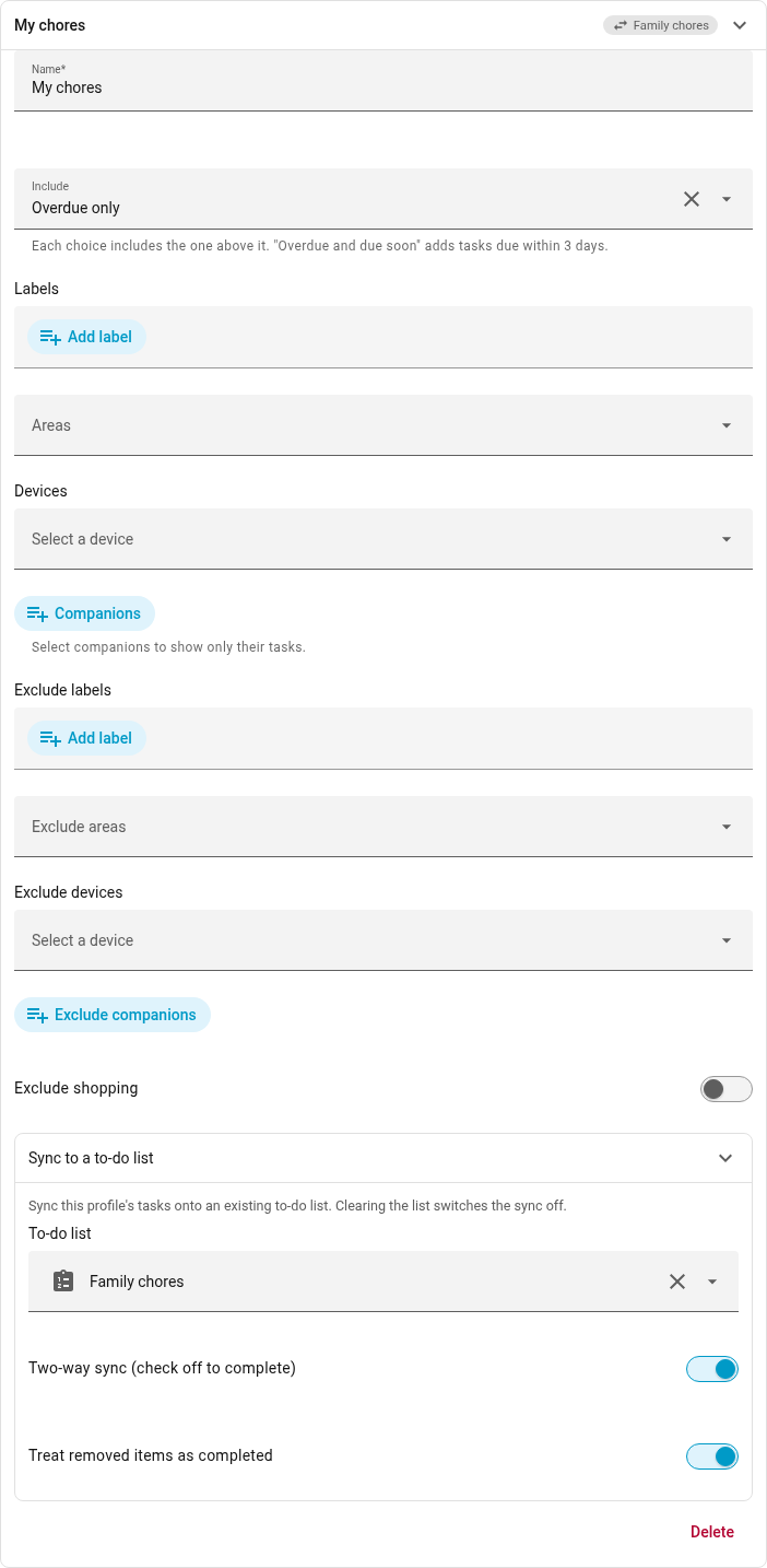 A Profile's Sync to a to-do list group, with the list it syncs onto picked