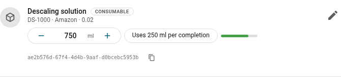 The same part on the appliance page, its chips reading "In stock: 750 ml" and "Uses 250 ml per completion"
