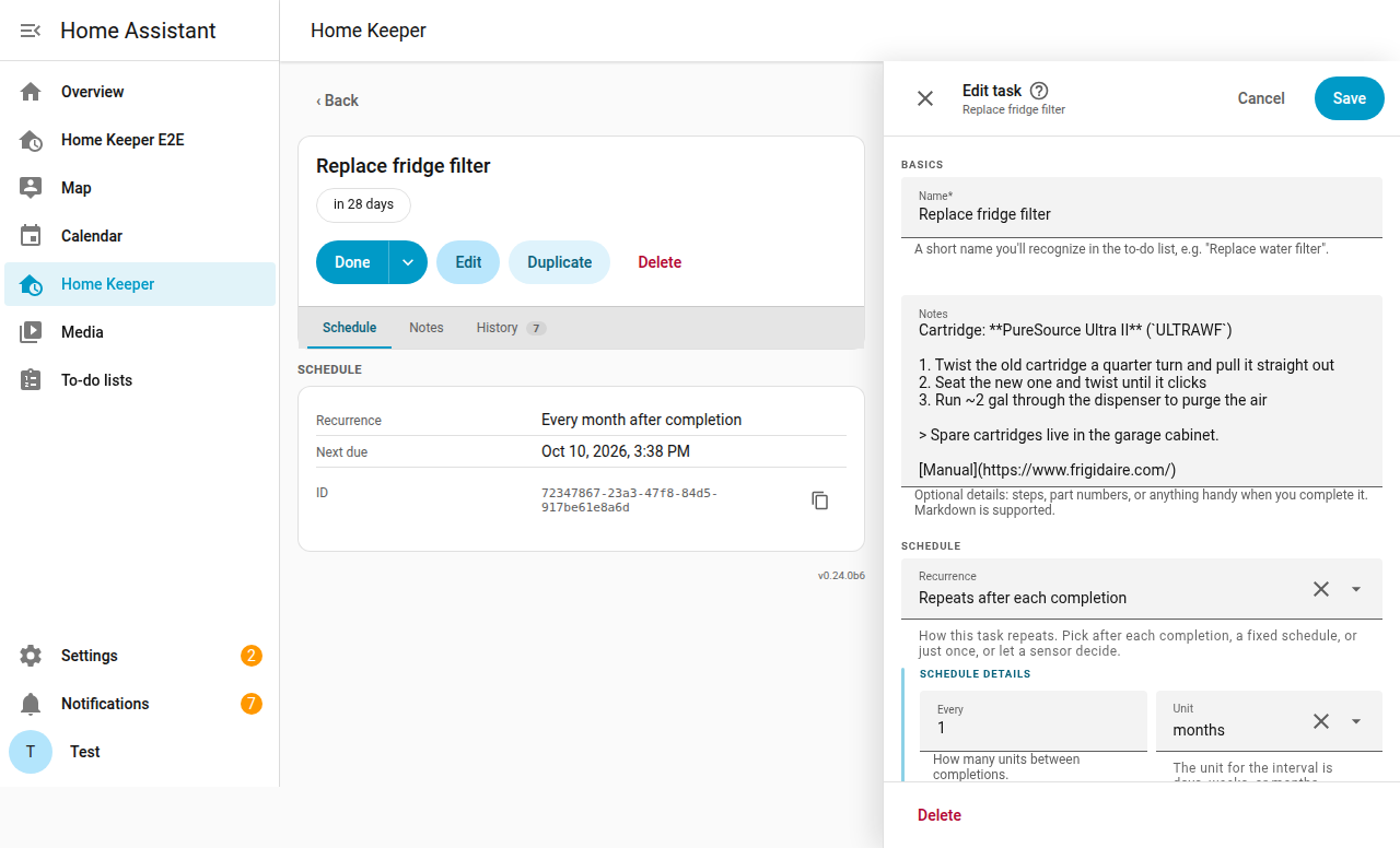 A task's page with its edit form open in a drawer beside it, the schedule and completion history still readable