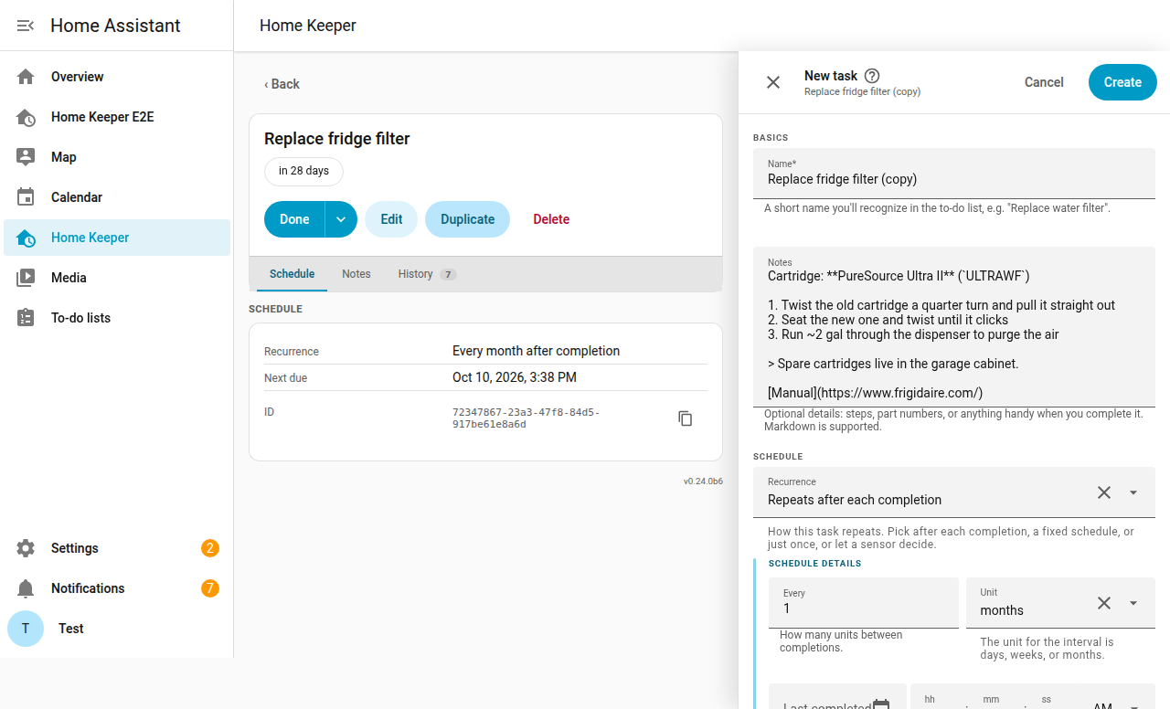 A task's page with Duplicate beside Edit, and the create form open in the drawer prefilled with a copy