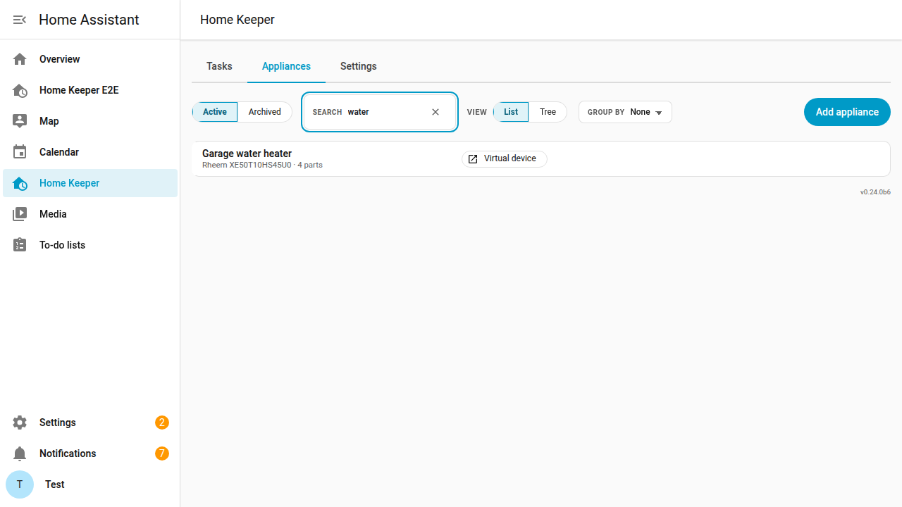 The Appliances tab with the word water typed in the Search box and the list narrowed to the appliances that match