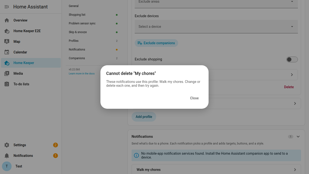 The panel refusing to delete a Profile, and naming the notification that uses it