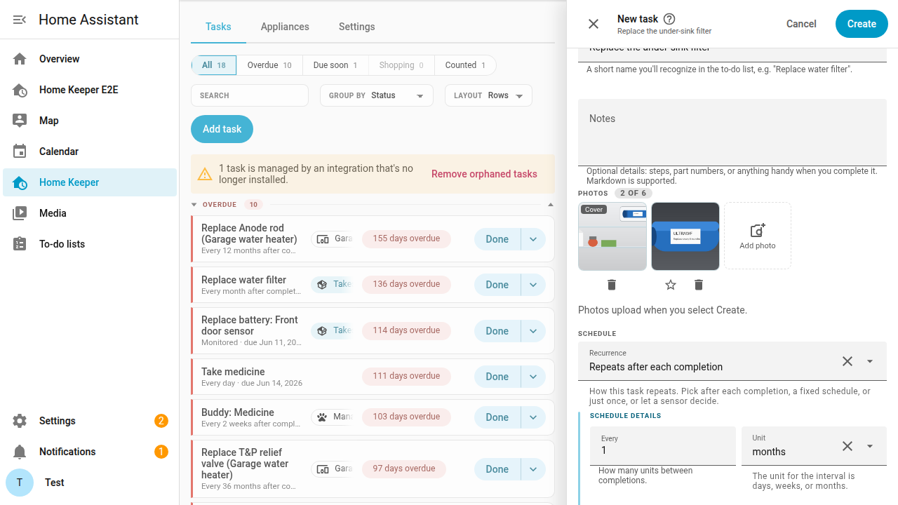 The New task form with 2 photos in the Photos section under the notes