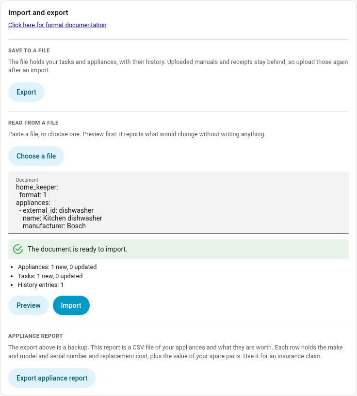 Settings, Import and export, with a preview of what an import would change