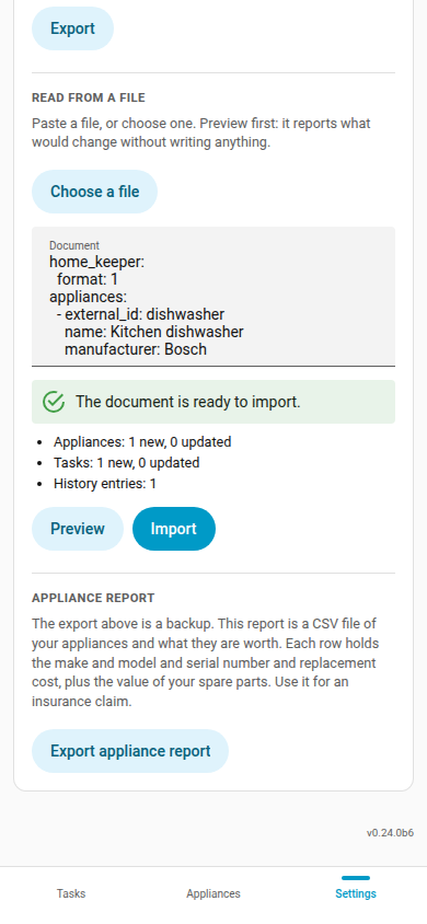The same card on a phone, with the Preview and Import buttons on a row of their own