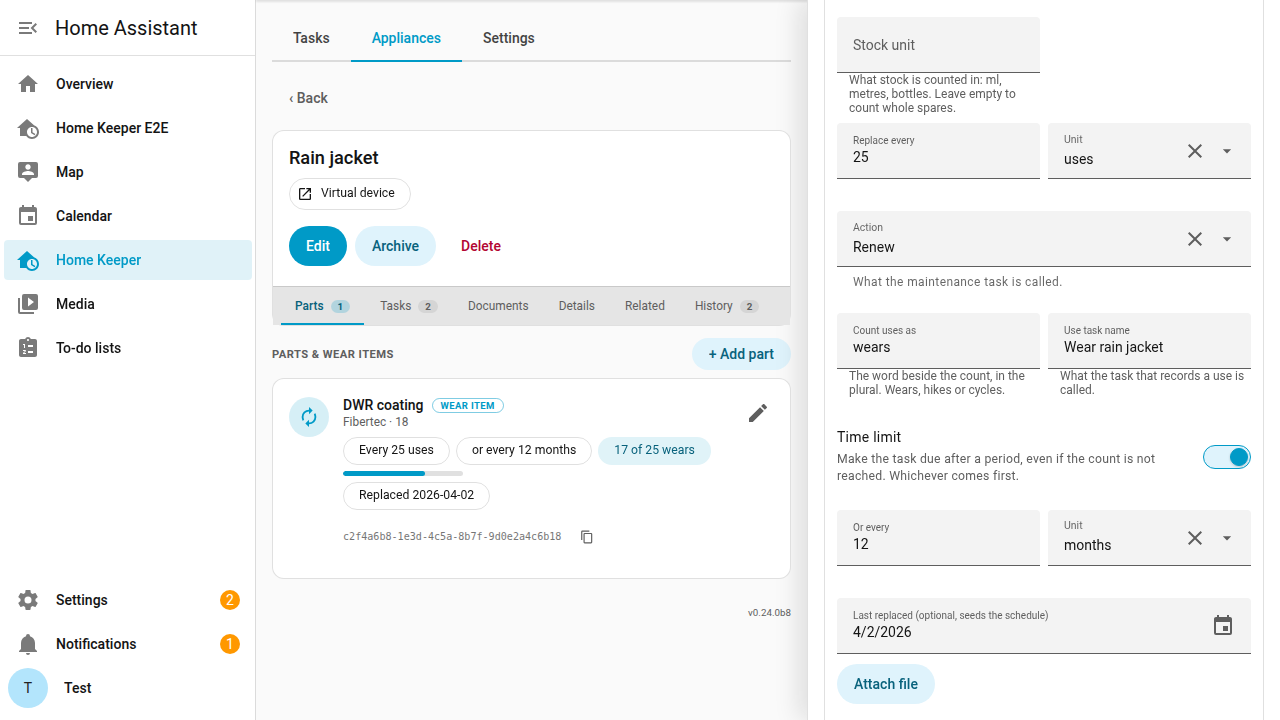 The part editor for a counted wear item, with the unit set to uses and the counting fields below it